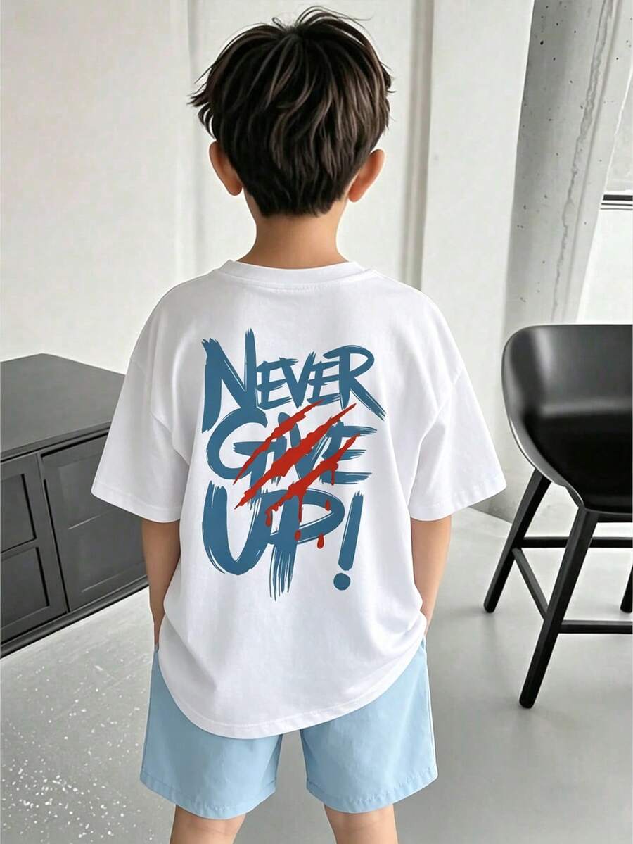 2pcs/Set Boys' Casual Slogan & Graphic Print Short Sleeve T-Shirt And Shorts Set - White - View 1