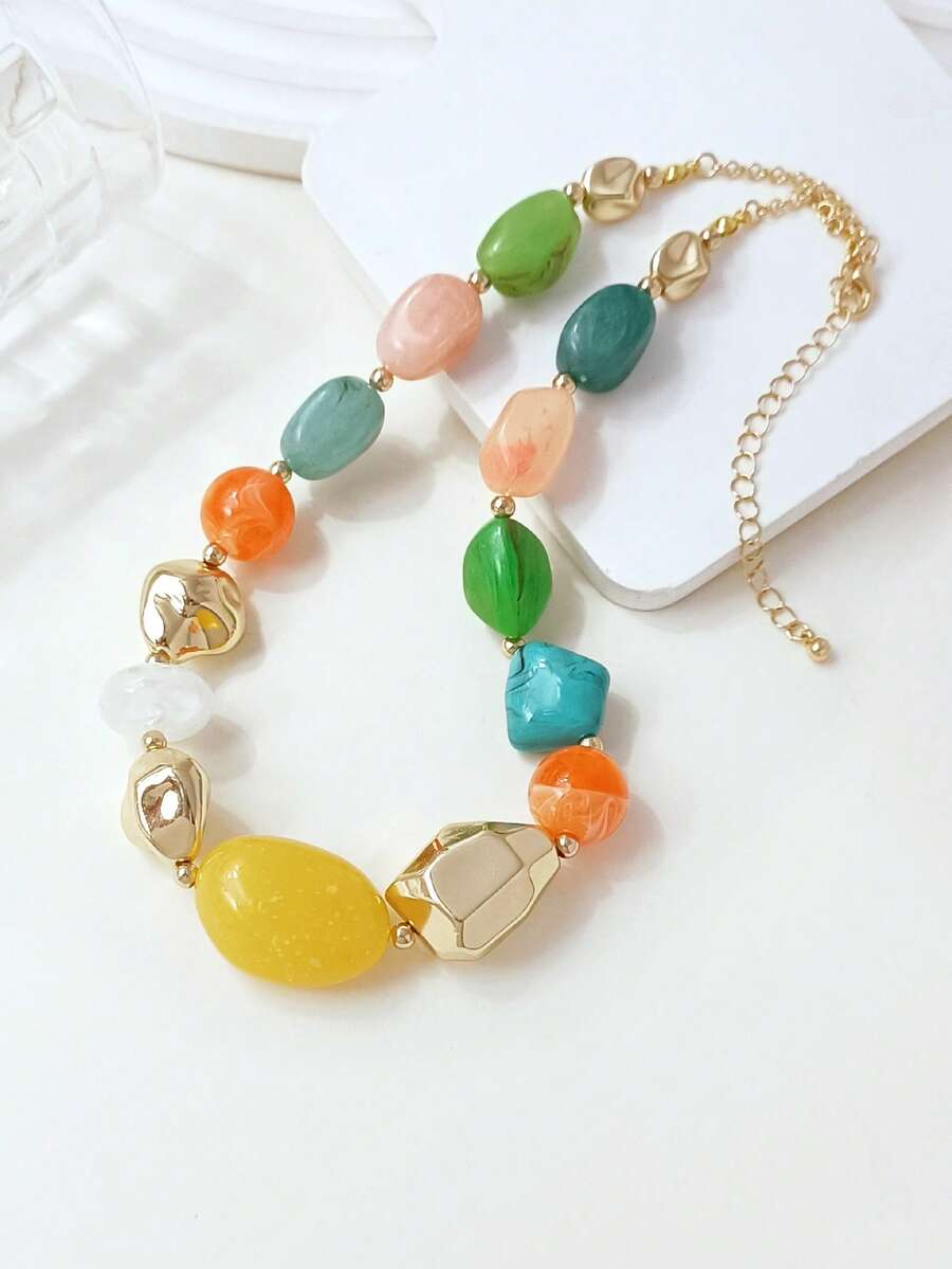 1pc Fashionable Retro Exaggerated Bohemian Style Thick Multi-Color Acrylic Beaded Necklace For Women