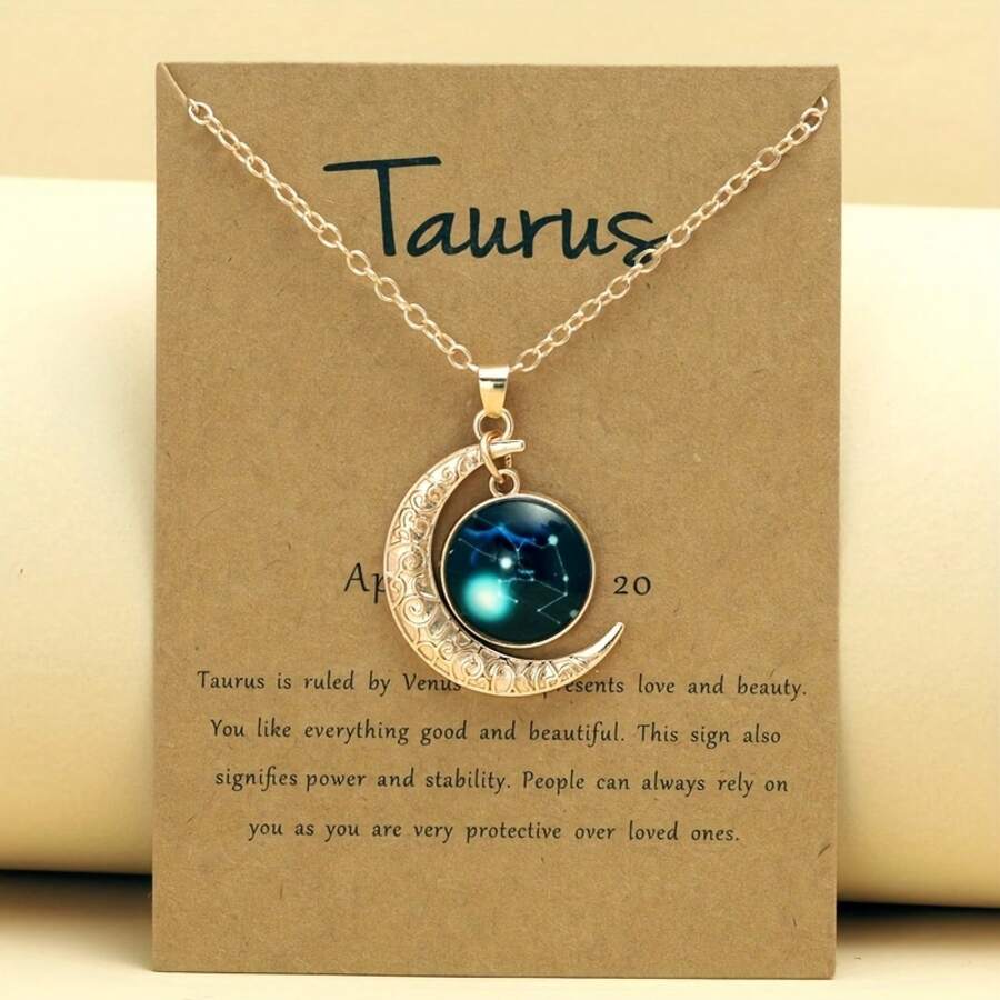 1 Retro Zodiac Moon Pendant Necklace That Glows In The Dark - Vintage Style, Zinc Alloy With Details, Adjustable Chain For Women - Ideal For Everyday Wear And Gifts - 金色金牛座 - 查看 1