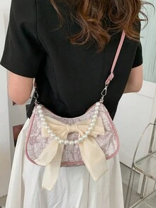 Women's Fashion Pearl Chain Handbag & Shoulder Bag - Pink - View 3