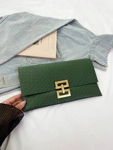 2024 小眾設計時尚鱷魚壓紋信封手拿包復古女款手提包 - 墨綠色 - 查看 4
