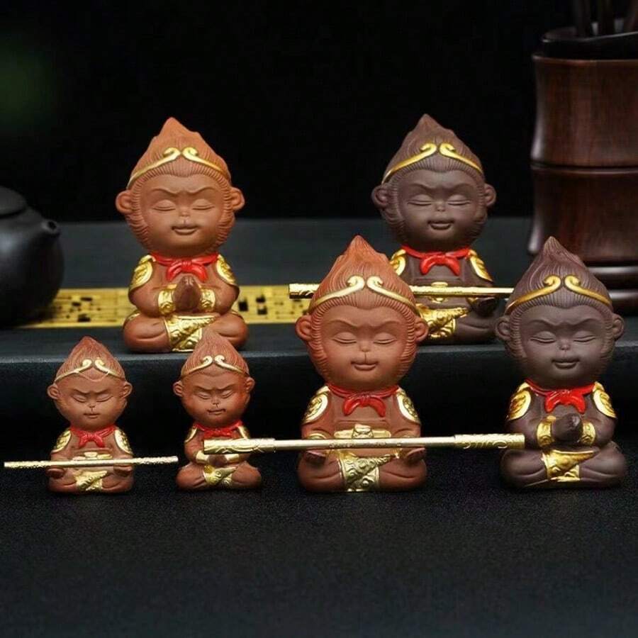 1個紫色陶土太陽冥想小雕像，原礦陶土金漆彩繪，茶桌裝飾品，茶寵，東方療癒手捏手持件 - 彩色 - 查看 1