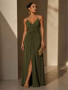 Inexpensive Bridesmaid Dress For Parties, Guests, Receptions, Graduations, Without Glitter, With Thin Rhinestone Straps. - 深橄欖綠 - 查看 1