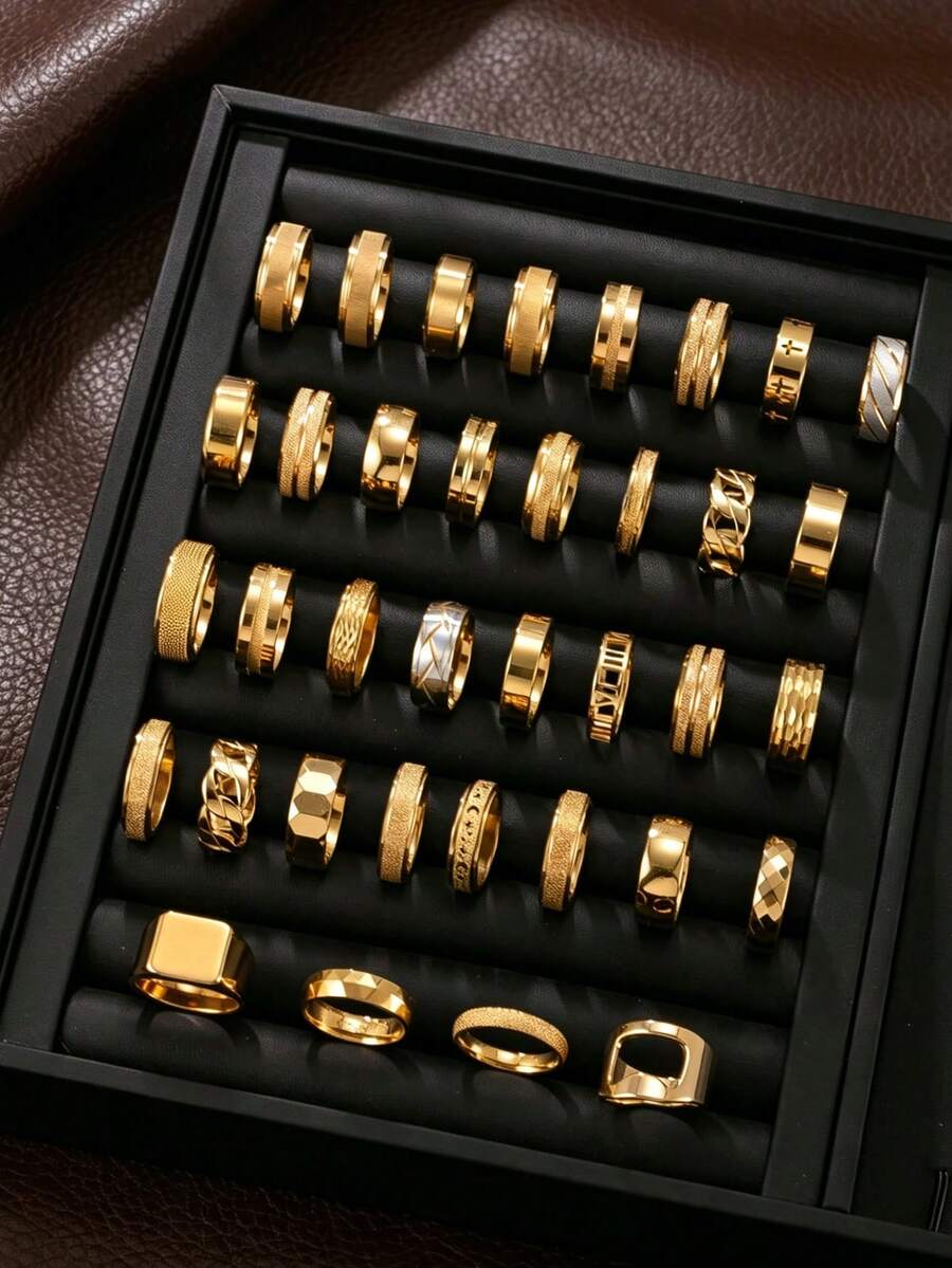 3/6/9/12 piezas Anillos de acero inoxidable dorado premium minimalista para hombres, anillos de regalo de aniversario unisex con detalles múltiples grabados, cepillados, biselados y mate, estilo aleatorio, talla aleatoria - Multicolor - Ver 1