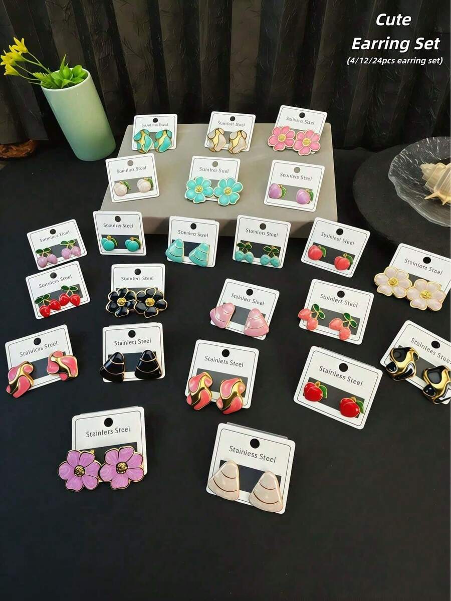 4/12/24pcs Multi-Color Stainless Steel Earrings Set, Assorted Styles, Suitable For Women's Daily, Party, Holiday Wear. Perfect Gift For Teachers, Classmates. - Multicolor - View 1