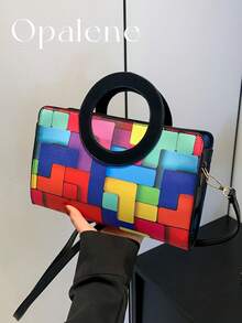 Casual Color Block Ring Handle Mini Handbag For Women Retro Geometric Print Top Purse Classic Square Shoulder Crossbody Bag Black/Green Travel Offices - 綠色 - 查看 11