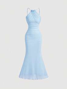 MOD Vestido largo con cuello de halter y bajo de cola de pez, color azul claro, vestido de graduación, vestidos de otoño - Celeste - Ver 1