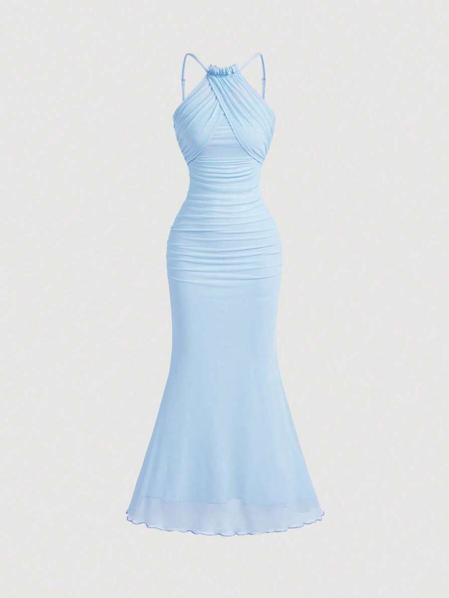 MOD Vestido largo con cuello de halter y bajo de cola de pez, color azul claro, vestido de graduación, vestidos de otoño - Celeste - Ver 1
