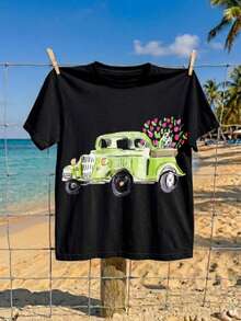 Print T-Shirt 220g Cotton Casual Style Vintage Truck With Flowers And Cat Beach Holiday S-4XL - 黑色 - 查看 3