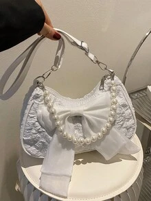 Bolso de mano con cadena de perlas de moda, bolso de hombro - Beis - Ver 2