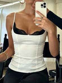 Women Polka Dot Y2K Cami Top Lace Trim Spaghetti Strap Tank Top Fairy Backless Dot Print Going Out Camisole - 黑白 - 查看 4