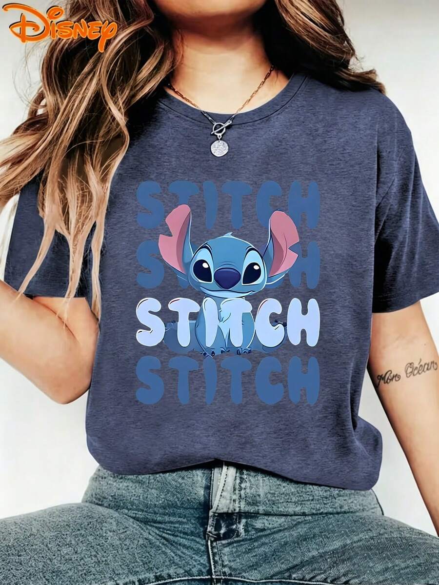 Disney Lilo & Stitch "Stitch" Gradient Text Women's T-Shirt, Casual Crew Neck Tee For Fans, Breathable Cotto - 寶藍色 - 查看 1