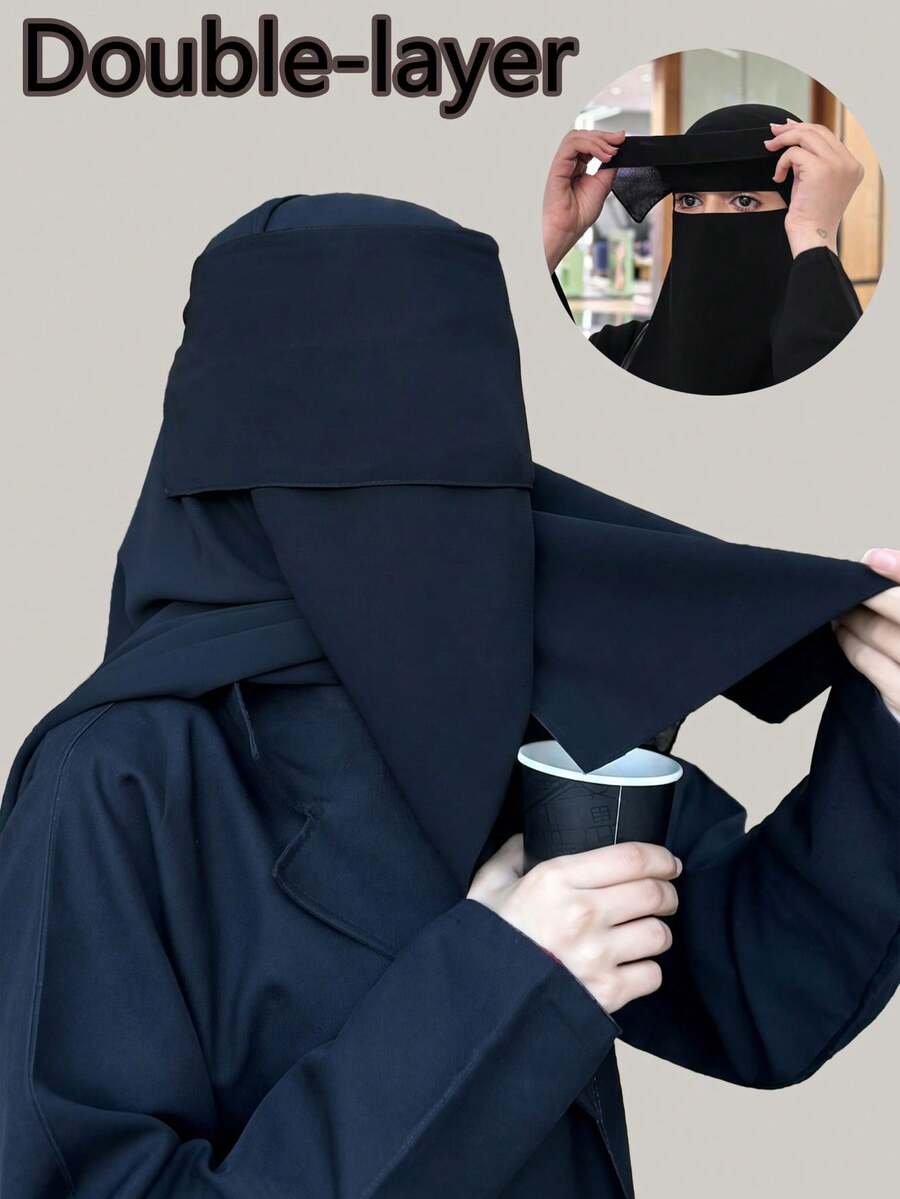 1件裝 女款黑色全遮蓋雙層尼卡布，純色遮眼全臉雙層面紗，穆斯林傳統面罩，適用於所有場合