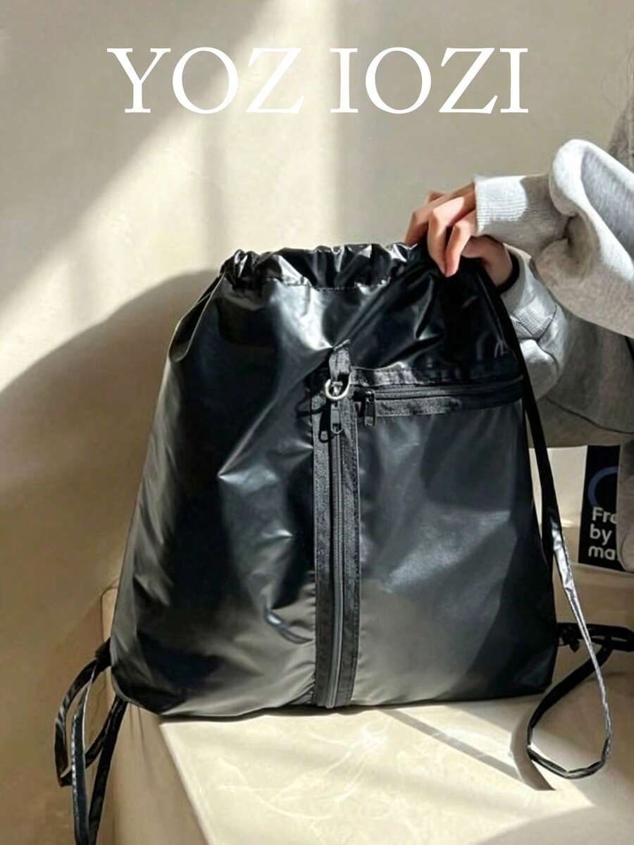 Japanese & Korean Style Niche Design INS Style Drawstring Cinch Bucket Backpack, Travel Backpack For Women College Students, Large Capacity Foldable Backpack For Outings - Black - View 1