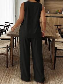 Plus Size Color Block Trim Camisole & Pants 2 Pieces Set, Casual Vacation Daily Wear, Black, For Women Elegant Summer - Black - View 6