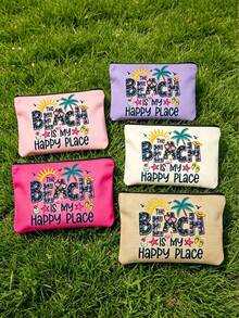 "Beach Is My Happy Place" Tropical Beach Theme Zipper Makeup Bag For Women, Portable Travel Toiletry Bag Organizer For Cosmetics And Toiletries, 6 Colors Available, Portable Organizer Bag, Beach Bag, Travel Bag, Travel Makeup Bag, Summer Vacation Accessory And Back To School Gift, Perfect For Birthday, Thanksgiving - Multicolor - View 5