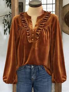 Women's Autumn/Winter Vintage Velvet Top, V-Neck Ruffle Hem, Large Bell Sleeves, Loose Pleated Fit, Soft Feminine Style - Redwood - View 3