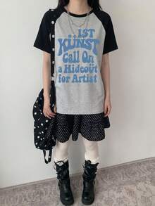 Y2K Blue Letter Print Raglan Sleeve T-Shirt Women Subculture Hot Girl Style Versatile Loose Short Sleeve Top Casual Summer - Dark Gray - View 3