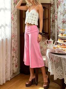 Women 's Fold Over Lounge Capris Wide Leg Low Rise Cropped Gaucho Pants Solid Color Flowy Pajama Bottom - 玫瑰紅 - 查看 6