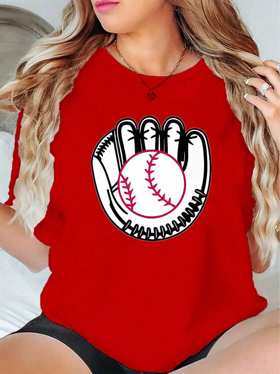 NewSummerCasualNueva camiseta para mujer con estampado de guante de béisbol y pelota de béisbol, estilo femenino exquisito, cómoda, suave y transpirable, ideal para primavera y verano, adecu - Rojo - Ver 1