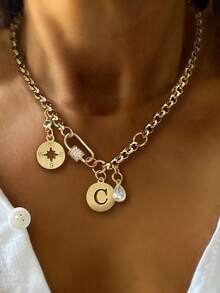 1pc Gold Round Initial Necklace, Luxury Textured Chain With Letter And Unique Octagonal Pendant, Exquisite Holiday Party Gift For Women - Yellow Gold - View 19