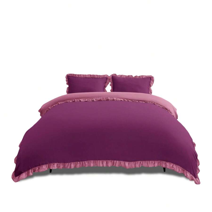 VELVETIO Luxury Kendrick Frill Duvet Cover Set Reversible Bedding Set Soft Smooth Lightweight Microfiber Polyester With Matching Pillow Cases Elegant Ruffle Edge Plain Design Single Double King - Rosa Mulbury - Ver 1