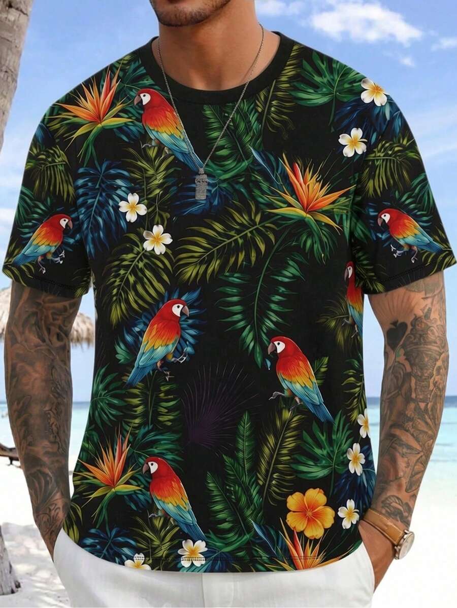 Men's Tropical Plant & Parrot Print Loose Fit Drop Shoulder T-Shirt, Suitable For Summer Beach Vacation - Multicolor - View 1
