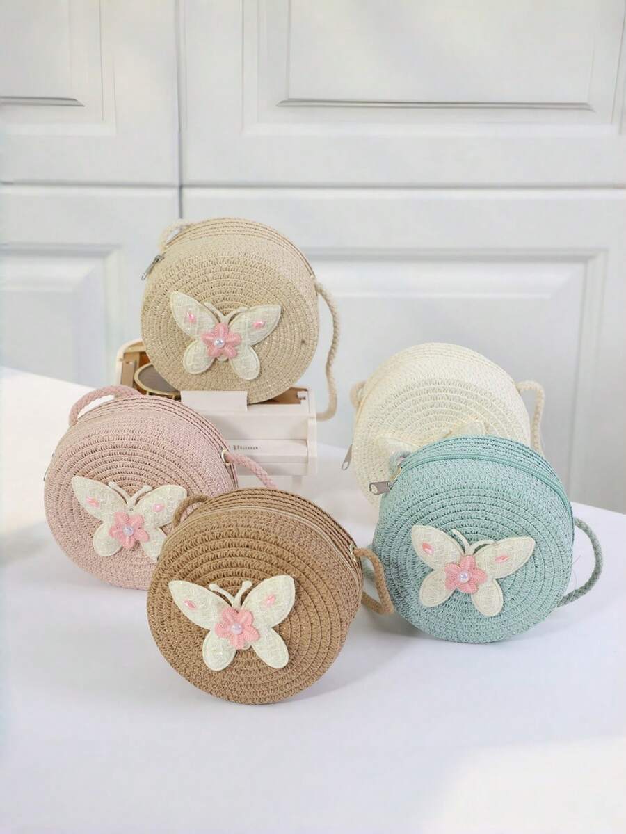 1pc New Style Children's Straw Woven Cute Flower Coin Purse Crossbody Small Round Bag - Butterfly - View 1