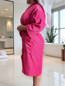 UNISEX WIDE AND LONG BATHROBE EXCELLENT ABSORPTION WITH RIBBON AND POCKETS - Hot Pink - View 9
