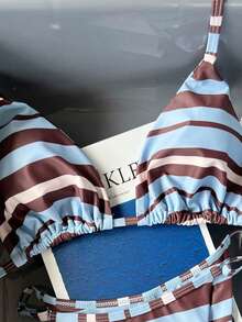 Spring/Summer Blue & Coffee Striped Halter Tie Sexy Beach Vacation Bikini Two-Piece Swimsuit Set - Multicolor - View 5