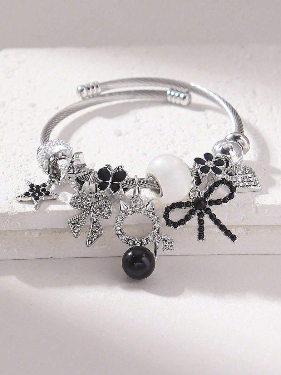 1 buah Gelang Bangle Terbuka Manik Kristal Elegan, Cocok untuk Perhiasan Pesta Remaja dan Hadiah, dengan Liontin Kucing, Bintang, Bunga, dan Pita. - MultiWarna - View 1