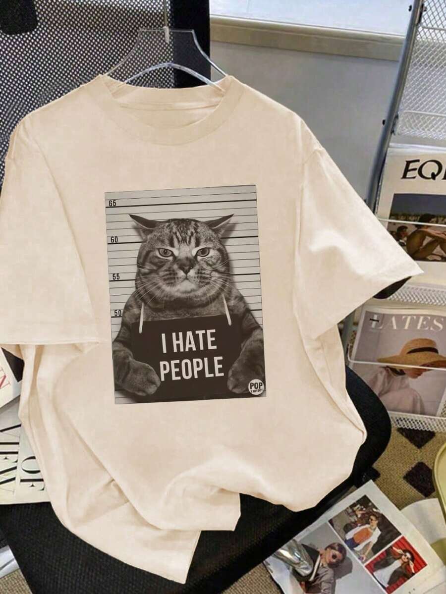 Women's Casual Short Sleeve Crew Neck T-Shirt With Funny Cat Print, Casual Summer Streetwear T-Shirt For Women, Cute Black T-Shirt - 白色 - 查看 1