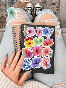 50Pcs Summer Watercolor Hibiscus Flower Stickers For Kids, Tropical Multicolor Floral Decals, Waterproof Vinyl Stickers For Water Bottles, Laptops, Journals & DIY Decor - Multicolor - View 2