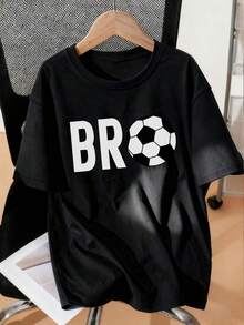 Camiseta de cuello redondo de manga corta con estampado de fútbol "Bro" en azul marino para niño preadolescente, camiseta deportiva de verano para niños preadolescentes amantes del fútbol - Blanco y Negro - Ver 1