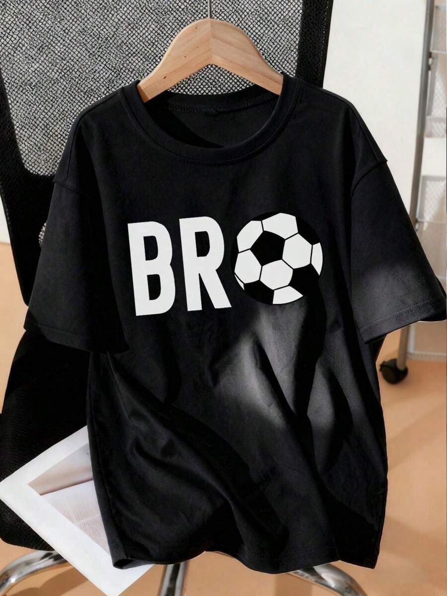 Camiseta de cuello redondo de manga corta con estampado de fútbol "Bro" en azul marino para niño preadolescente, camiseta deportiva de verano para niños preadolescentes amantes del fútbol - Blanco y Negro - Ver 1