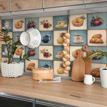 30/60 Pcs Fruit Cutlery Pattern Peel And Stick Wall Splash Stickers, Beautiful Coffee And Bread Color Wall Stickers, Suitable For Kitchen And Bathroom Floors, Furniture Renovation And Home Decor - one-size - View 1