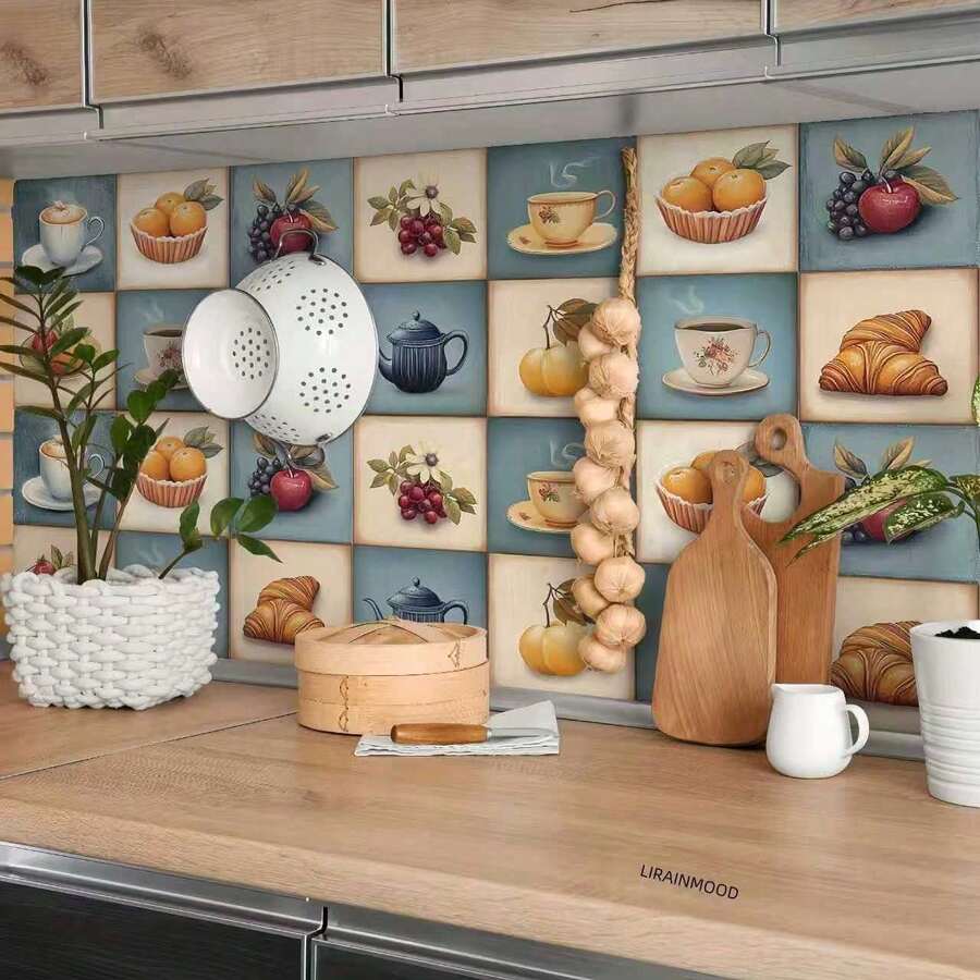 30/60 Pcs Fruit Cutlery Pattern Peel And Stick Wall Splash Stickers, Beautiful Coffee And Bread Color Wall Stickers, Suitable For Kitchen And Bathroom Floors, Furniture Renovation And Home Decor - one-size - View 1