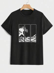 Camiseta masculina com estampa gráfica, camiseta casual de algodão com padrão de ondas, gola redonda, manga curta, conforto o ano todo, tecido de malha 180g, modelagem regular masculina. - Preto - Ver 1