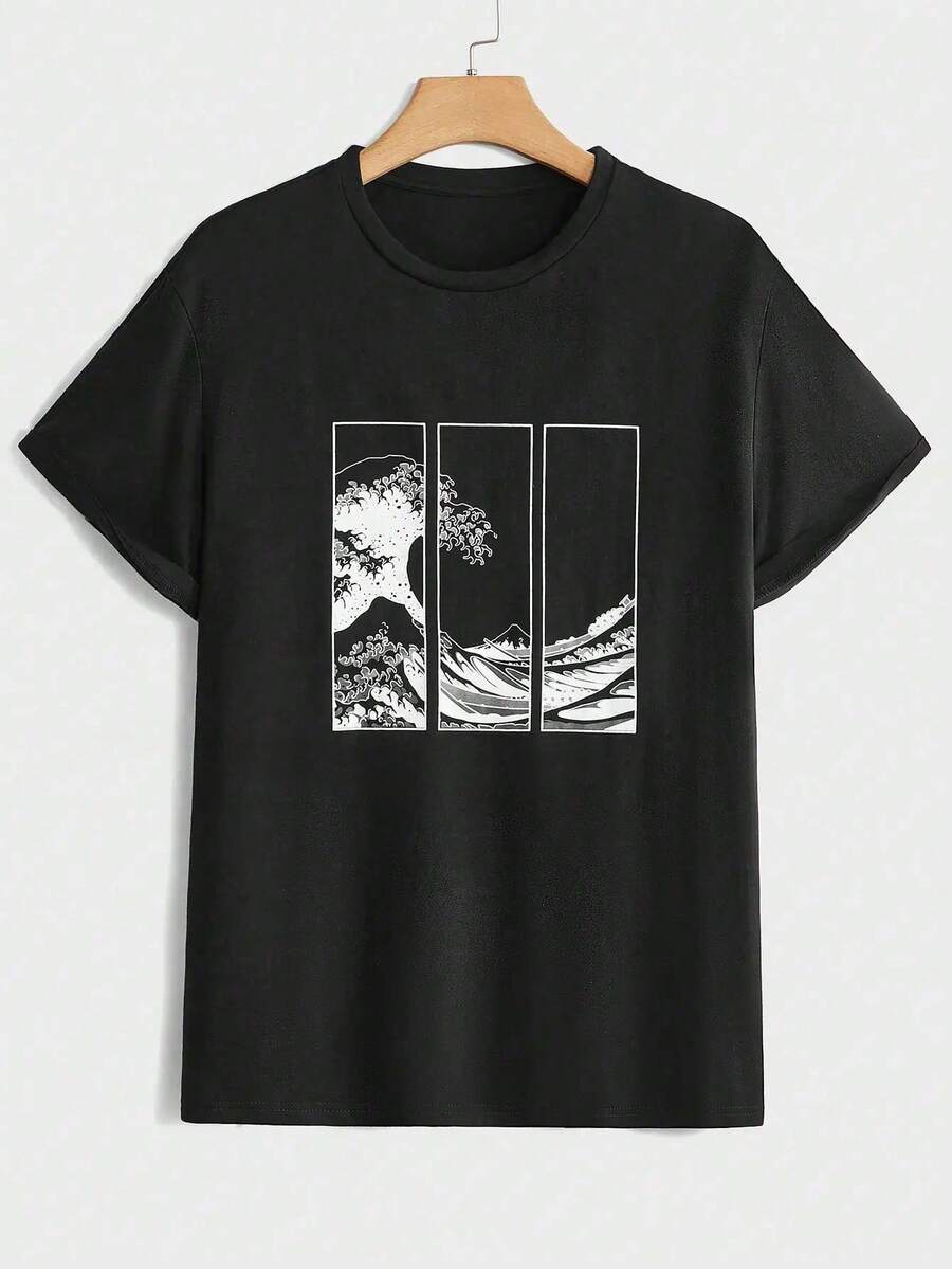 Camiseta masculina com estampa gráfica, camiseta casual de algodão com padrão de ondas, gola redonda, manga curta, conforto o ano todo, tecido de malha 180g, modelagem regular masculina. - Preto - Ver 1