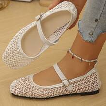 Wide Fit Women's Hollowed Out Mesh Buckle Flat Shoes Elegant Style Spring And Summer Daily Commuting Beige Ballet Flat Shoes Mesh Shoes Women - Beige Mesh Bottom - Beige Openwork Mesh - View 9