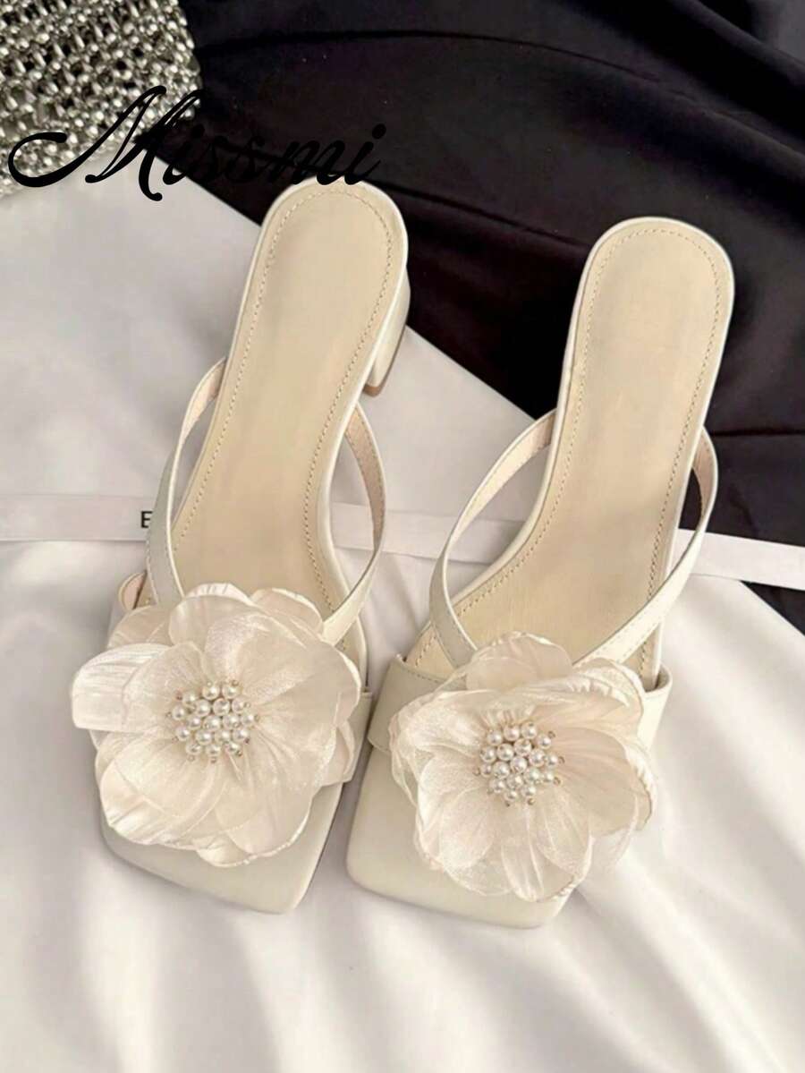 French Thick Heel Pearl Flower Decor Toe Ring Slide Sandals, Slide-On Mules, Open Toe Casual Mid Heels, 2025 New Spring/Summer,Flip Flops