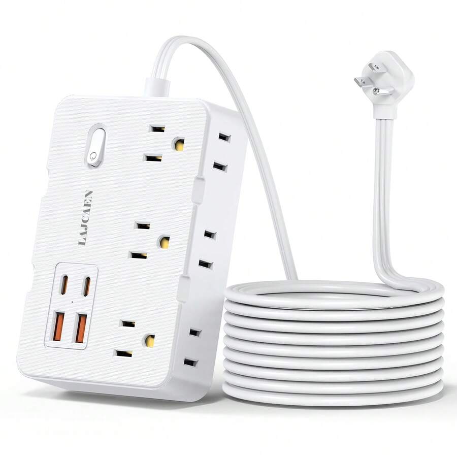 Regleta de protección contra sobretensiones con enchufe plano de 5 pies, 6 tomas de corriente espaciadas + 4 puertos USB, extensor de enchufe de pared, esencial para el hogar, la oficina, el dormitorio