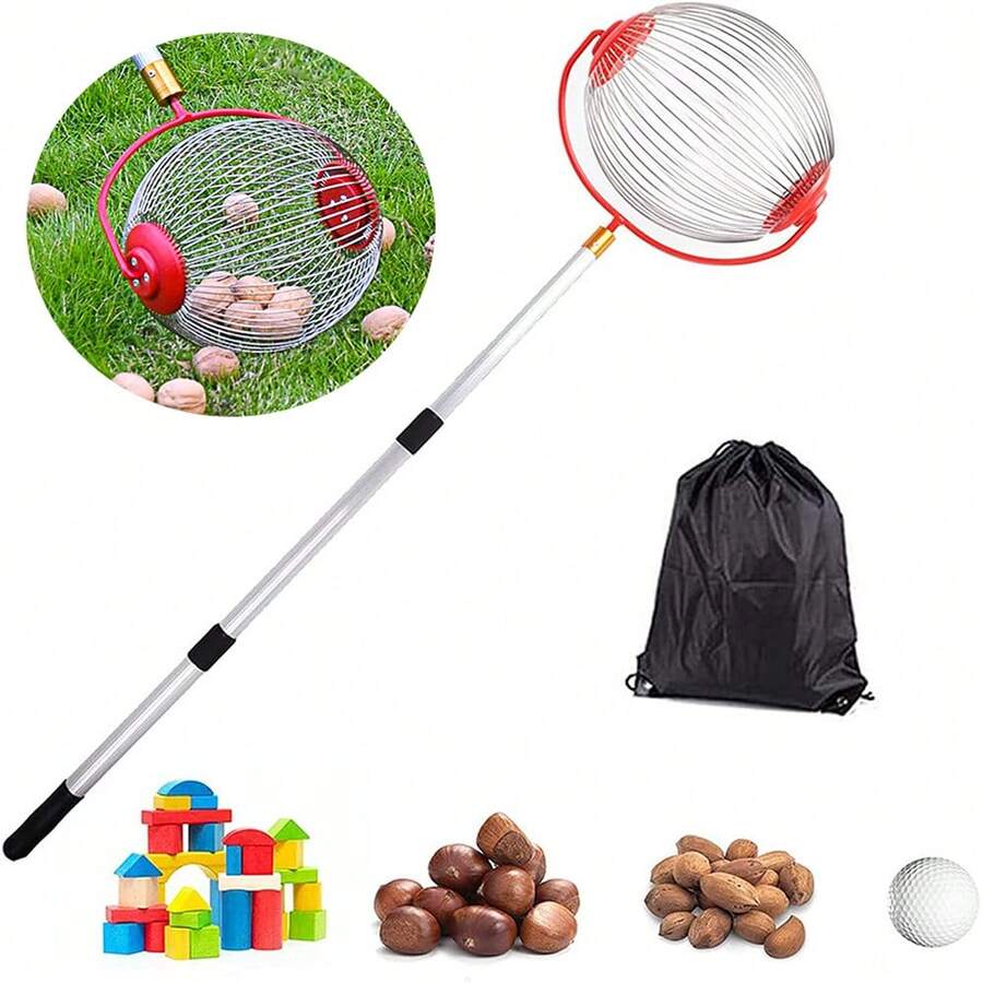 Trommelförmiger Nusssammler mit Teleskopstiel, zum Sammeln von Walnüssen, Eicheln, Kastanien, Golfbällen usw., und kann als Rasenkehrer in Obstgärten, Golfplätzen und Innenhöfen eingesetzt werden. - A - Übersicht 1