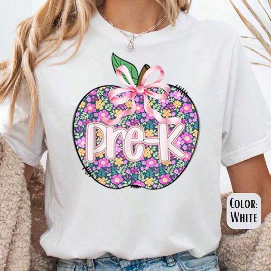 Preschool T-Shirts, Summer T-Shirts For Women, Graphic Print T-Shirts For Women, Casual Short Sleeve Crew Neck T-Shirt, 1 Fashion T-Shirt, 180g, 100% Cotton. - 學前教師襯衫002 - 查看 1