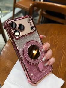 Casing Ponsel Transparan Mewah Berkilau dengan Stand, Kompatibel dengan iPhone 17 Pro Max, 17 Pro, 17, 16 Pro Max, 16 Pro, 16, 16, 15 Pro Max, 15 Pro Max, 15 Pro, 15 Pro Max, 14 Pro, 13 Pro Max, 12 Pro Max, 11, Pelindung Kamera Modis dengan Penutup Belakang Transparan Berlapis Elektroplating. Dilengkapi dengan Cermin Rias dan Set Casing Ponsel Lipat dengan Stand. - Berwarna merah muda - View 2