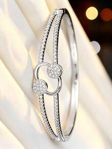 1pc Luxury Double Ring Full Rhinestone Bangle For Women, Niche Design Exquisite Zirconia Inlaid Bracelet, Commuter Versatile High-End Style, Gift For Best Friend - Bracelet - View 5