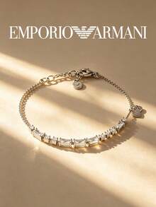 Armani 水鑽竹節鏈條手鍊 雙心吊飾 銀色鍍層 女士日常奢華珠寶禮物 - 銀色 - 查看 1