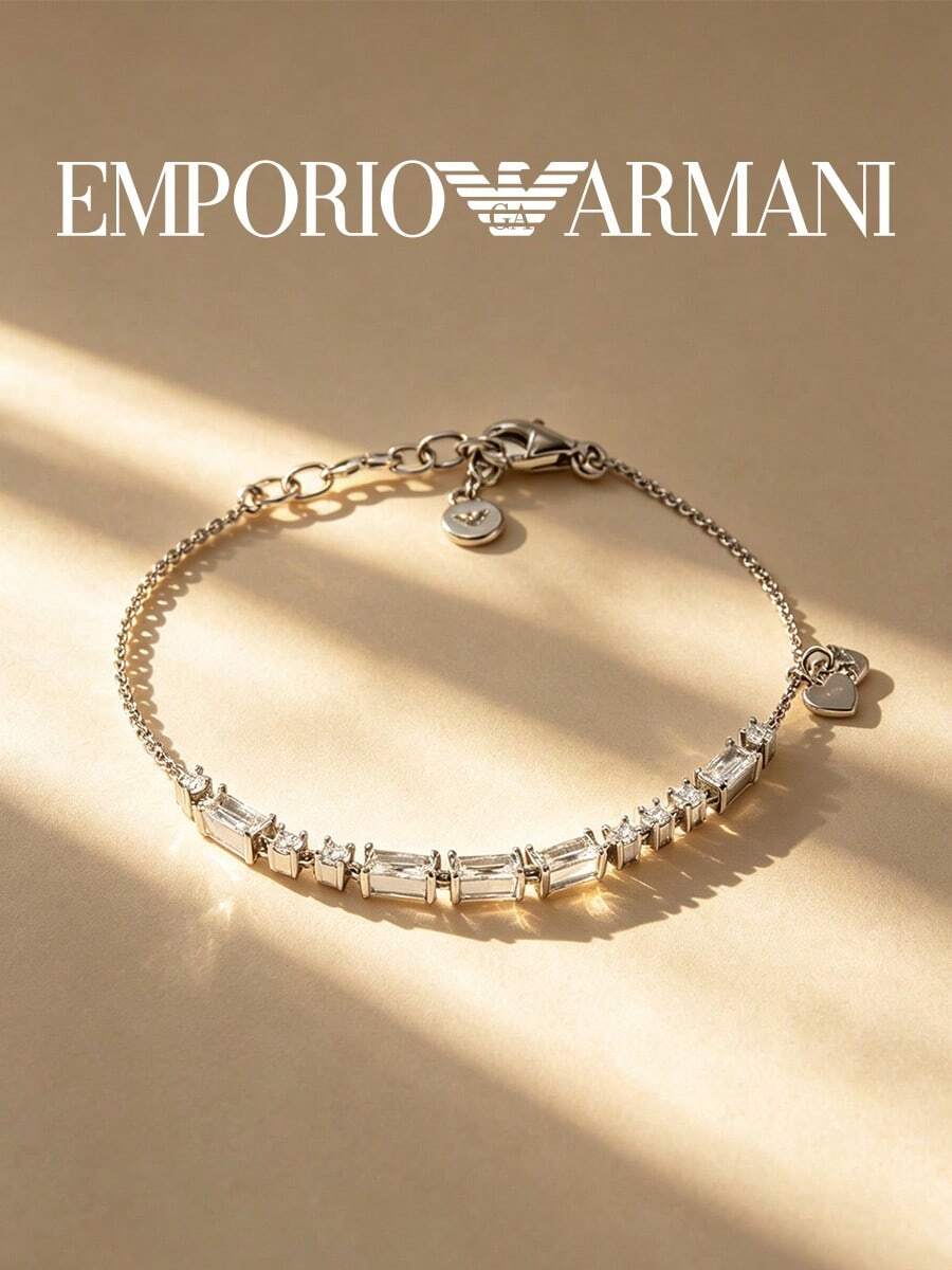 Armani 水鑽竹節鏈條手鍊 雙心吊飾 銀色鍍層 女士日常奢華珠寶禮物 - 銀色 - 查看 1