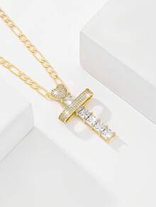 1 pieza Collar de Cruz Católica Vintage con Circonita, Material de Cobre Chapado en Oro de 14k con Cadena Figaro de 50cm, Colgante de Cruz Incrustado con Circonita Exquisita, Textura Brillante, Adecuado para Hombres y Mujeres, Perfecto para Regalo de Navidad/Acción de Gracias/Halloween/Día de la Madre/Día de San Valentín/Parejas/Amigos/Compañeros Creyentes, Primera Comunión Católica, Regalo, Uso Diario y Festivo para la Oración - Amarillo Oro - Ver 4