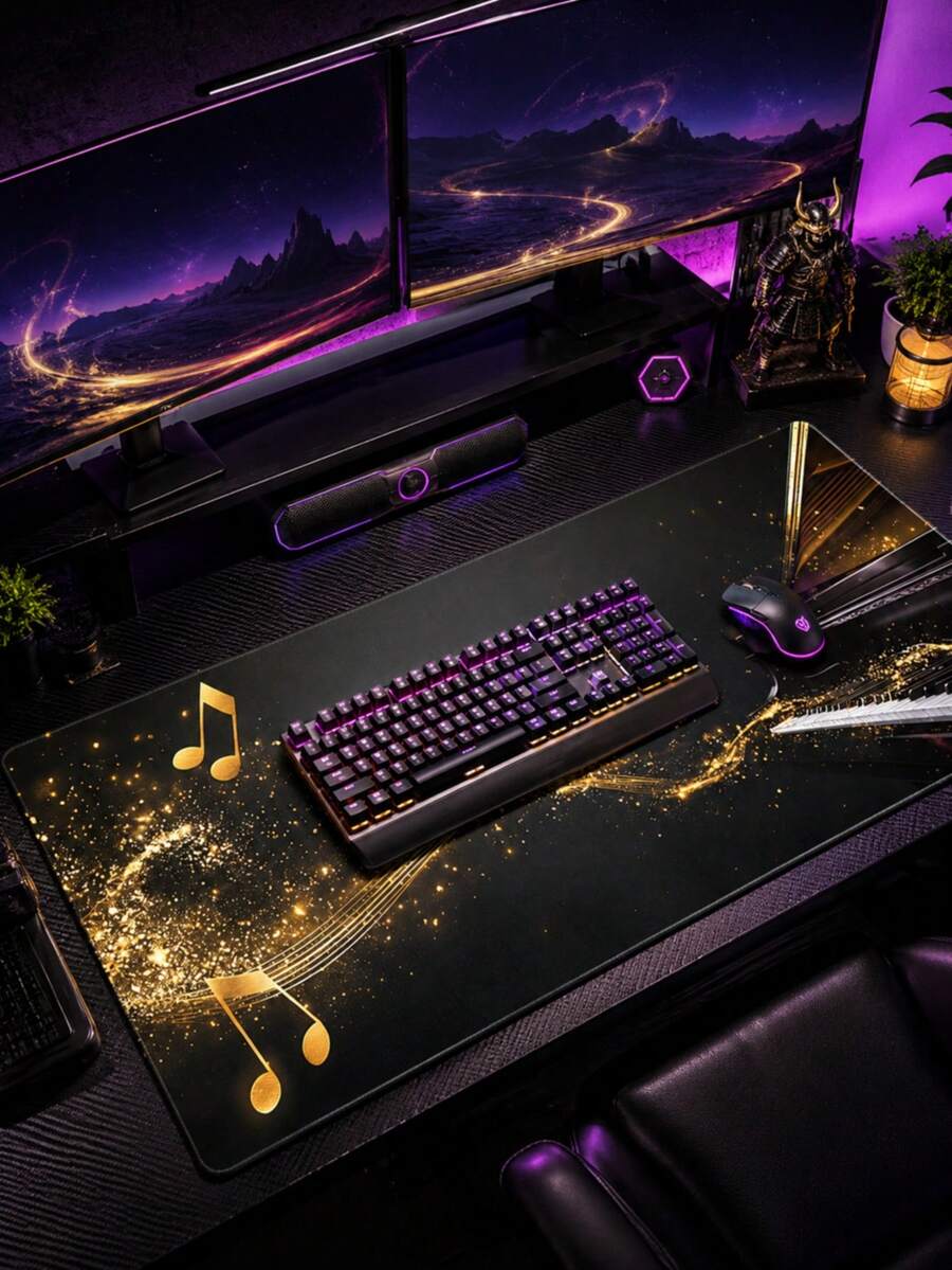 1pc XXL Large Black & Gold Music Piano Pattern Mouse Pad, 35.4X15.7 Inch Keyboard Mouse Accessory Desk Mat, Non-Slip Rubber Bottom Washable Durable, Cool Neon Lights Gold Musical Notes Desktop Protector, Suitable For Gaming Esports Office Home Use, Laptop Desktop Decoration, Back To School Season Student Study Mat, Perfect Gift For Father's Day Graduation Season - View 1
